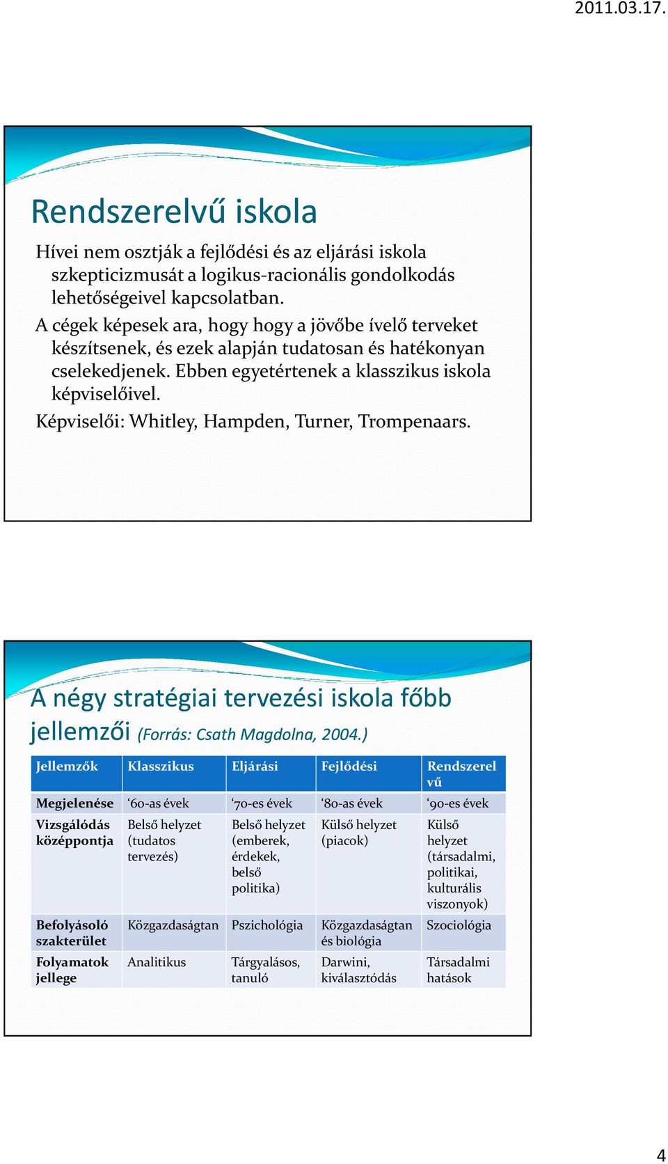 Képviselői: Whitley, Hampden, Turner, Trompenaars. A négy stratégiai tervezési iskola főbb jellemzői (Forrás: Csath Magdolna, 2004.