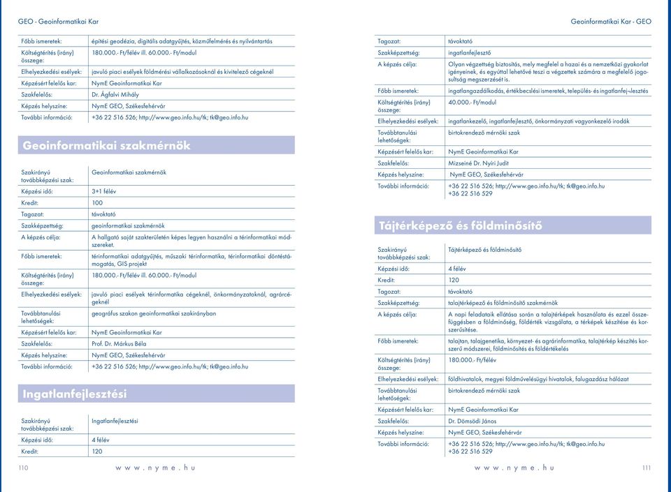 hu/tk; tk@geo.info.hu 3+1 félév Kredit: 100 Szakképzettség: geoinformatikai szakmérnök A képzés célja: A hallgató saját szakterületén képes legyen használni a térinformatikai módszereket.