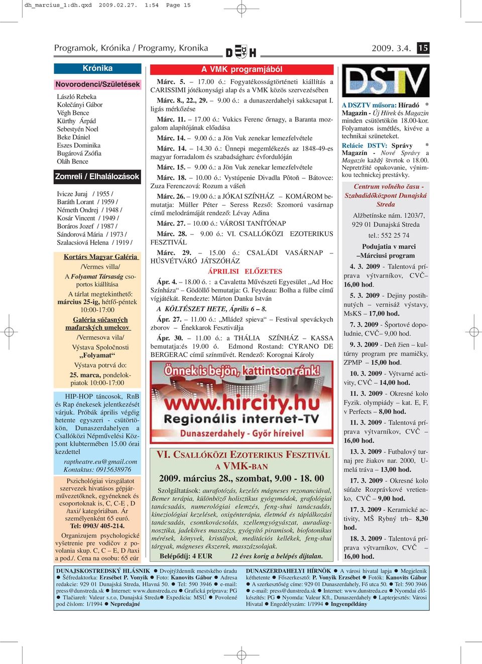 15 Kró ni ka Novorodenci/Születések László Rebeka Kolečányi Gábor Végh Bence Kürthy Árpád Sebestyén Noel Beke Dániel Eszes Dominika Bugárová Zsófia Oláh Bence Zomreli / El ha lá lozások Ivicze Juraj