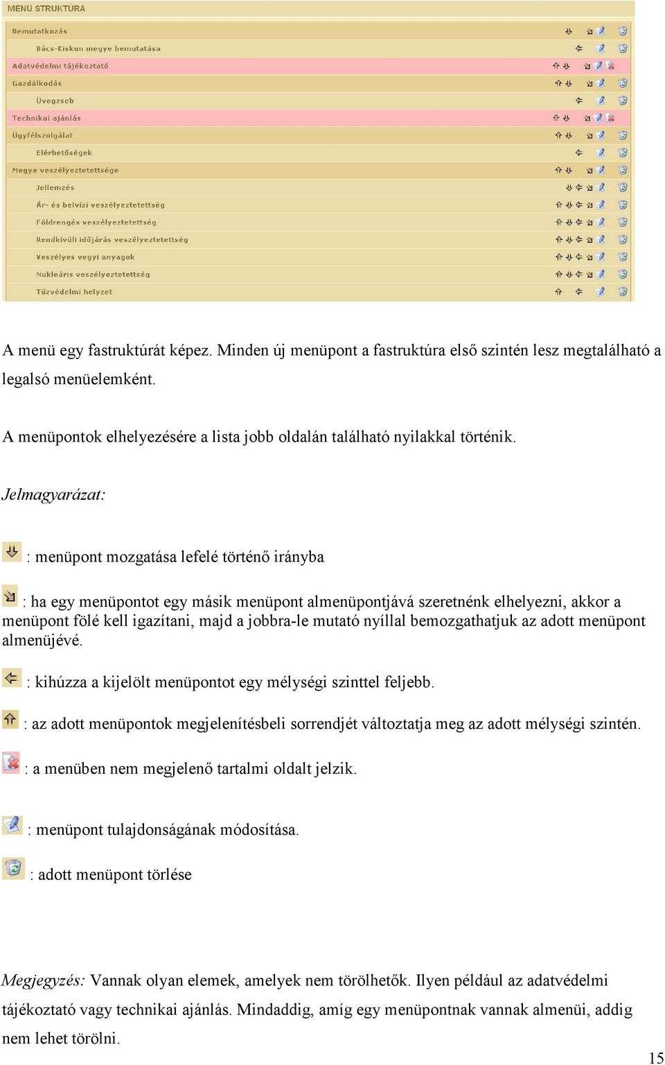 nyíllal bemozgathatjuk az adott menüpont almenüjévé. : kihúzza a kijelölt menüpontot egy mélységi szinttel feljebb.