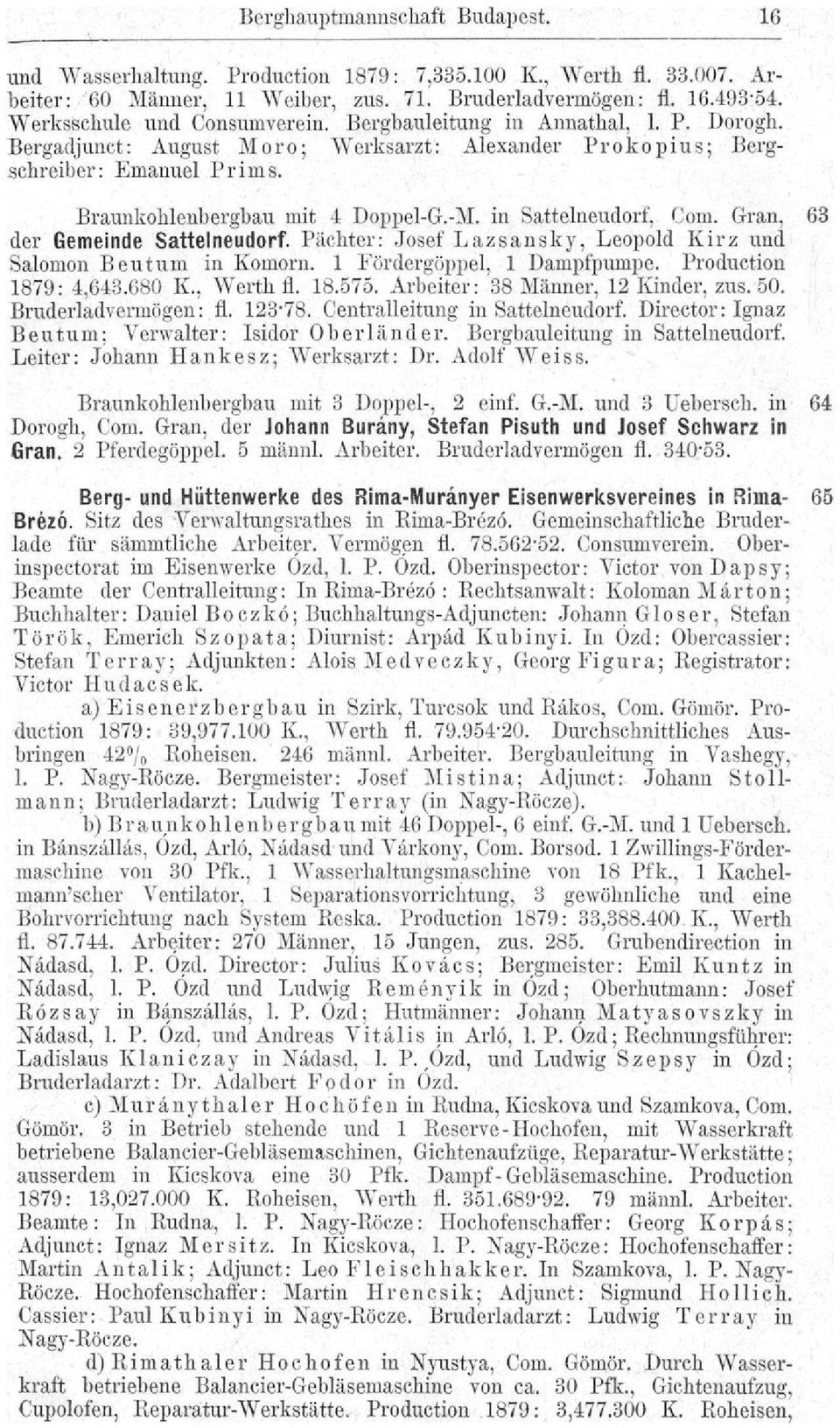 in Sattelneudorf, Com. Gran, 63 der Gemeinde Sattelneudorf. Pächter: Josef Lazsansky, Leopold Kirz und Salomon Beutum in Komorn. 1 Fördergöppel, 1 Dampfpumpe. Production 1879: 4,643.680 K., Werth fl.