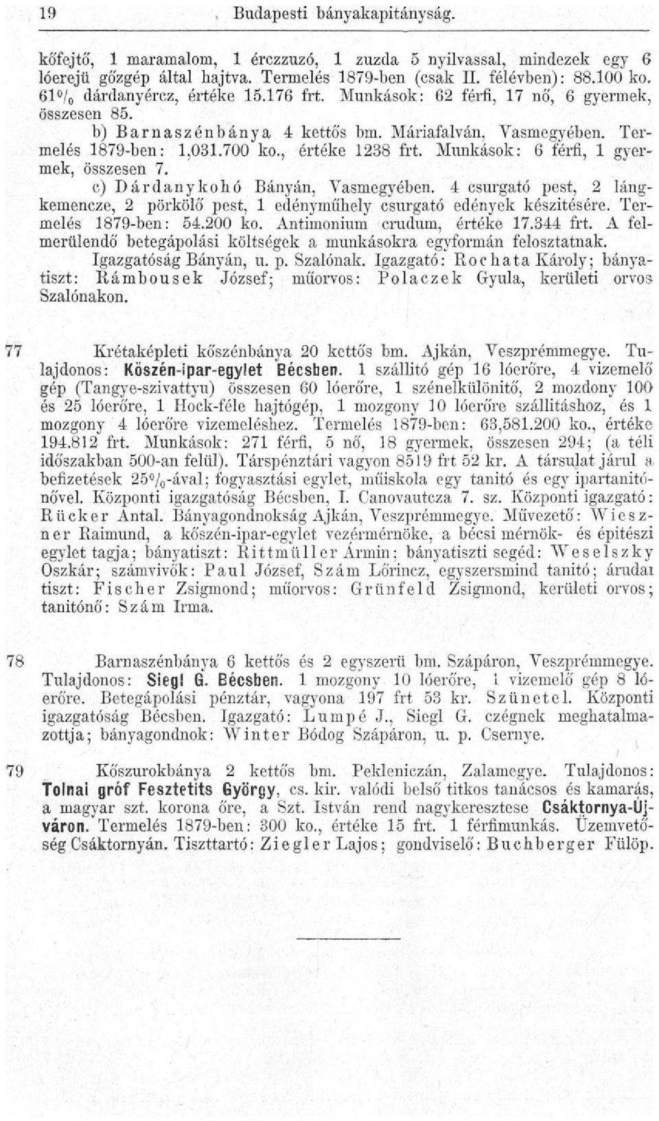 Munkások: 6 férfi, 1 gyermek, összesen 7. c) Dárdanykohó Bányán, Vasmegyében. 4 csurgató pest, 2 lángkemencze, 2 pörkölő pest, 1 edényműhely csurgató edények készitésére. Termelés 1879-ben: 54.200 ko.