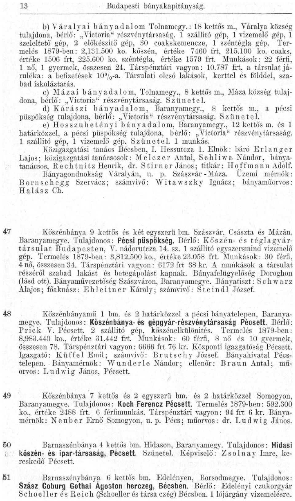 coaks, értéke 1506 frt, 225.600 ko. széntégla, értéke 1579 frt. Munkások: 22 férfi, 1 nő, 1 gyermek, összesen 24. Társpénztári vagyon: 10.787 frt, a társulat járuléka: a befizetések 10%-a.