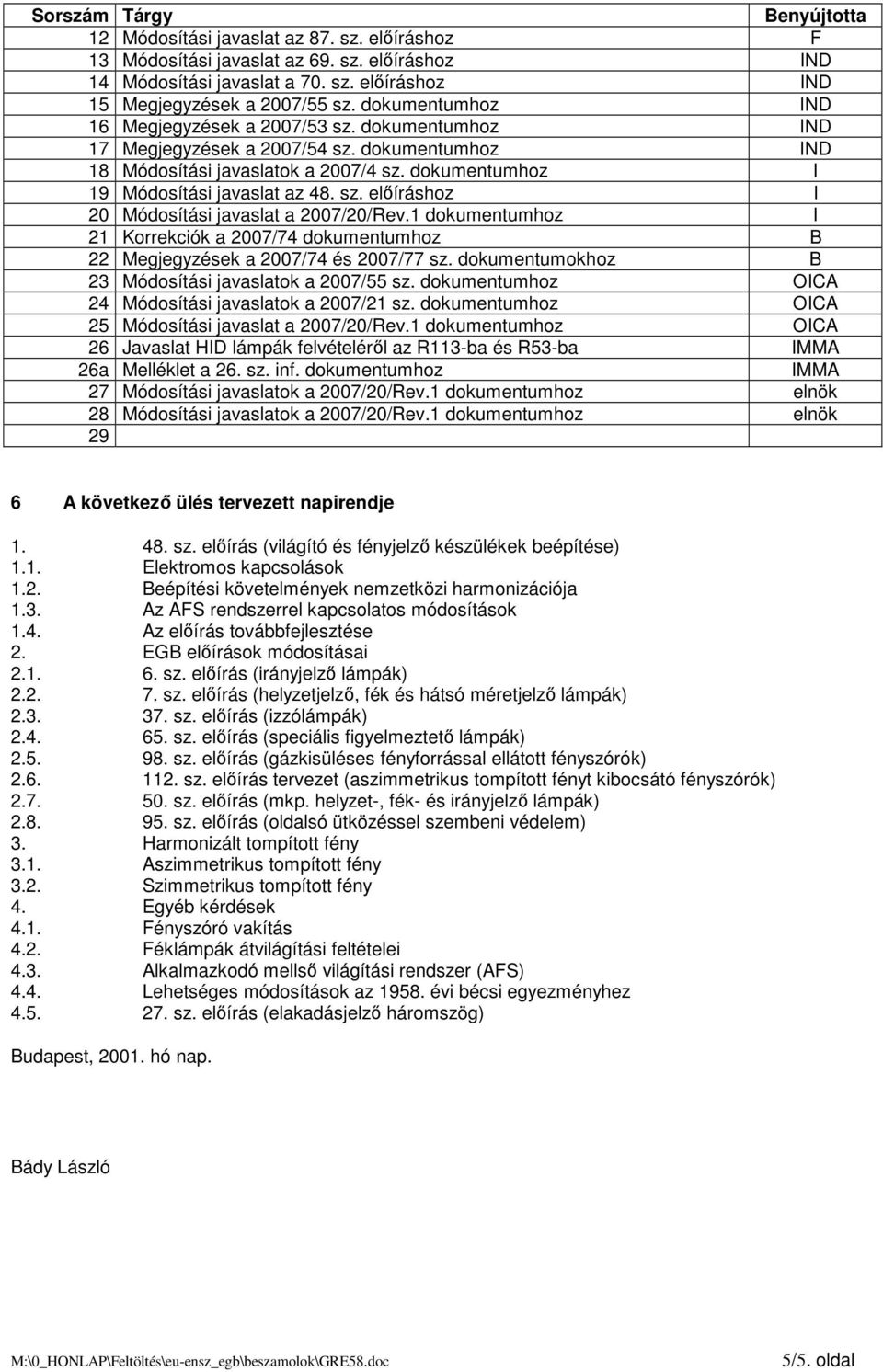 sz. elıíráshoz I 20 Módosítási javaslat a 2007/20/Rev.1 dokumentumhoz I 21 Korrekciók a 2007/74 dokumentumhoz B 22 Megjegyzések a 2007/74 és 2007/77 sz.