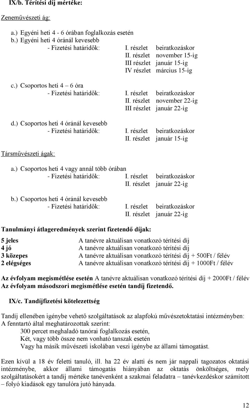 részlet november 22-ig III részlet január 22-ig d.) Csoportos heti 4 óránál kevesebb - Fizetési határidők: I. részlet beiratkozáskor II. részlet január 15-ig Társművészeti ágak: a.