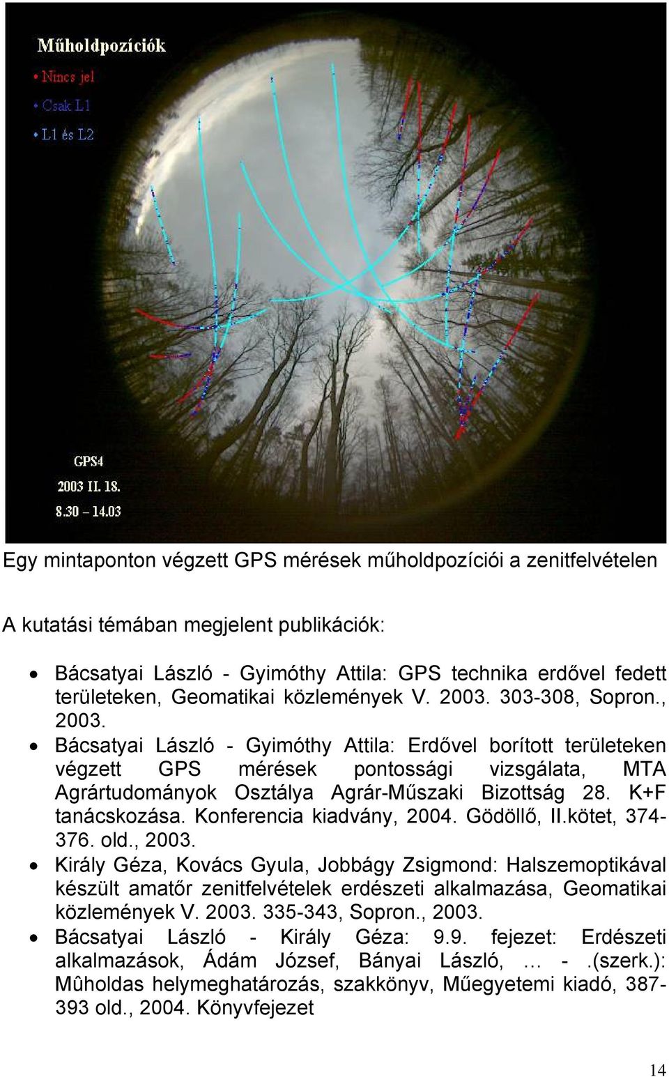 Bácsatyai László - Gyimóthy Attila: Erdővel borított területeken végzett GPS mérések pontossági vizsgálata, MTA Agrártudományok Osztálya Agrár-Műszaki Bizottság 28. K+F tanácskozása.