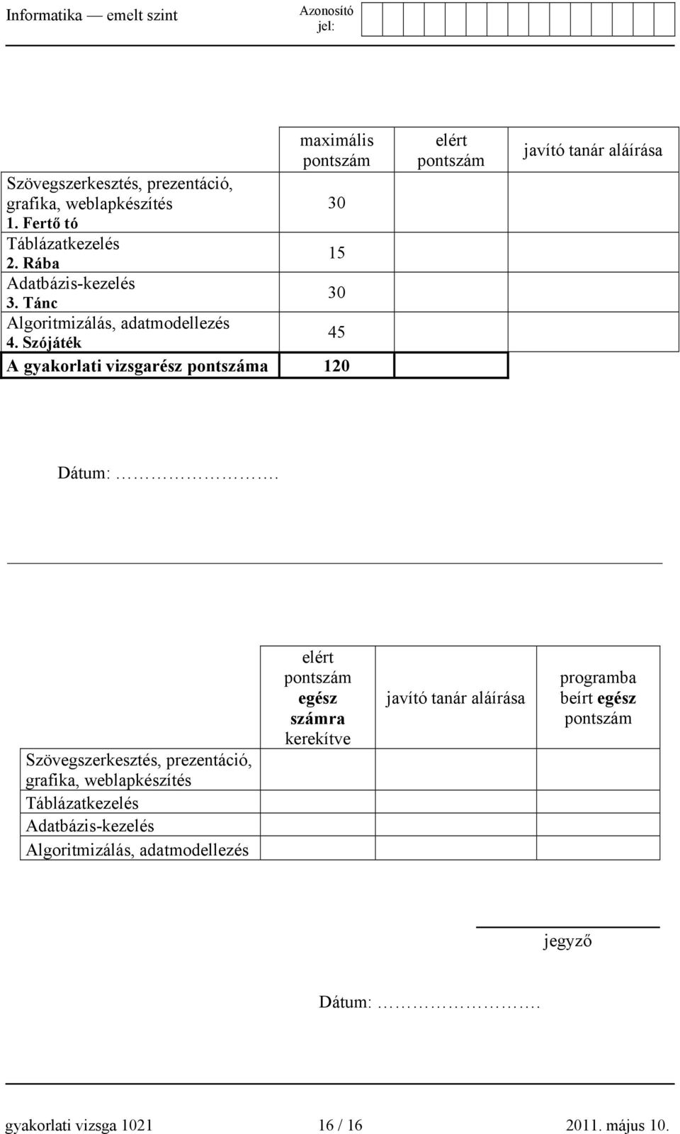 Szójáték A gyakorlati vizsgarész pontszáma 120 elért pontszám javító tanár aláírása Dátum:.