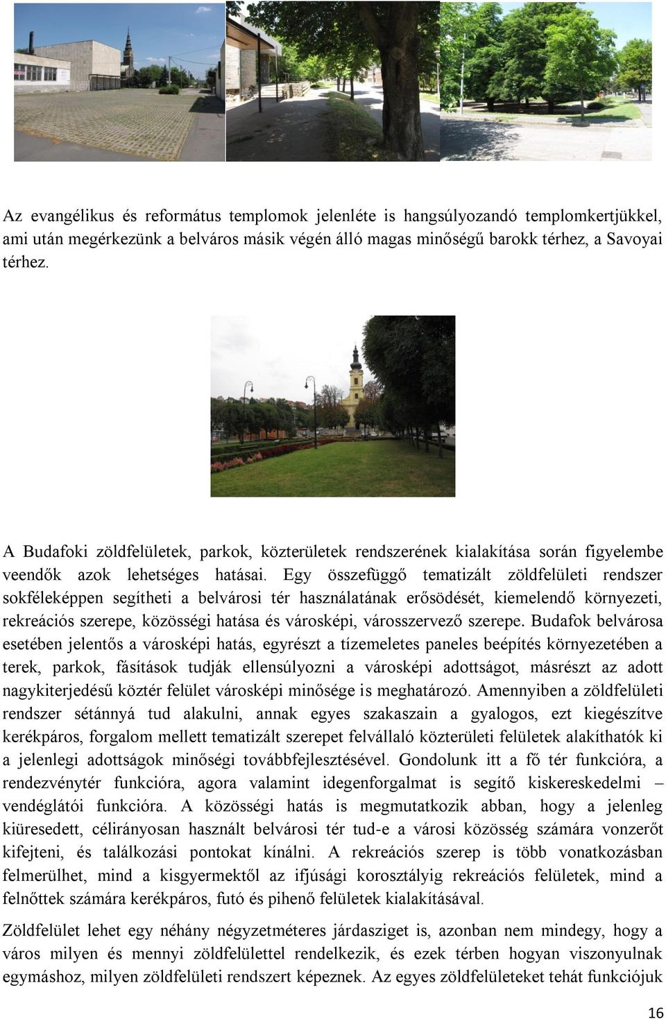 Egy összefüggő tematizált zöldfelületi rendszer sokféleképpen segítheti a belvárosi tér használatának erősödését, kiemelendő környezeti, rekreációs szerepe, közösségi hatása és városképi,