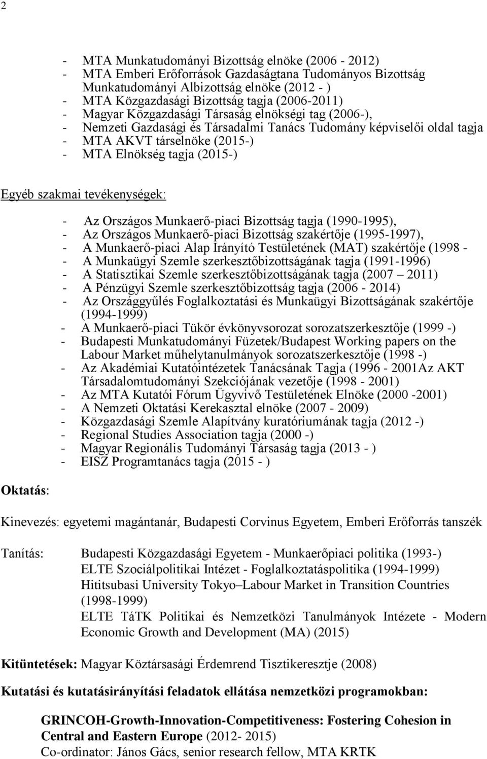Egyéb szakmai tevékenységek: Oktatás: - Az Országos Munkaerő-piaci Bizottság tagja (1990-1995), - Az Országos Munkaerő-piaci Bizottság szakértője (1995-1997), - A Munkaerő-piaci Alap Irányító