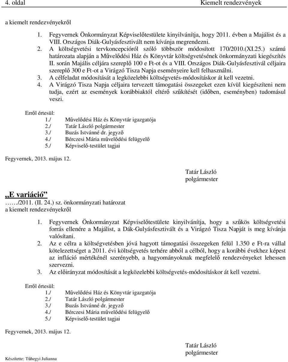 ) számú határozata alapján a Művelődési Ház és Könyvtár költségvetésének önkormányzati kiegészítés II. során Majális céljára szereplő 100 e Ft-ot és a VIII.