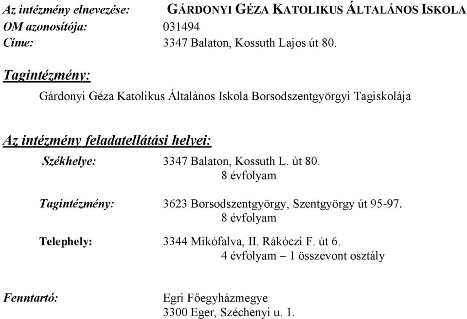 Tagintézmény: Borsodszentgyörgyi Tagiskolája Az intézmény feladatellátási helyei: Székhelye: 3347 Balaton, Kossuth L.