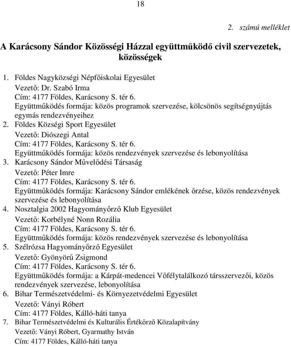 tér 6. Együttműködés formája: közös rendezvények szervezése és lebonyolítása 3. Karácsony Sándor Művelődési Társaság Vezető: Péter Imre Cím: 4177 Földes, Karácsony S. tér 6.