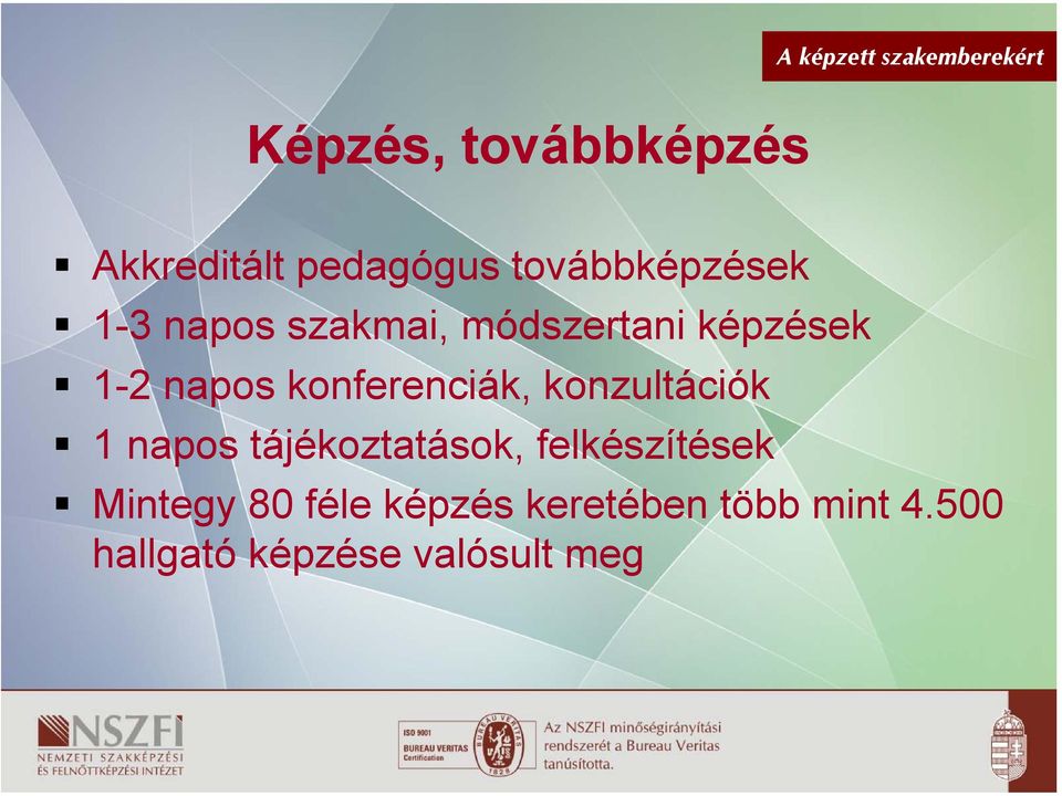 konzultációk 1 napos tájékoztatások, felkészítések Mintegy 80