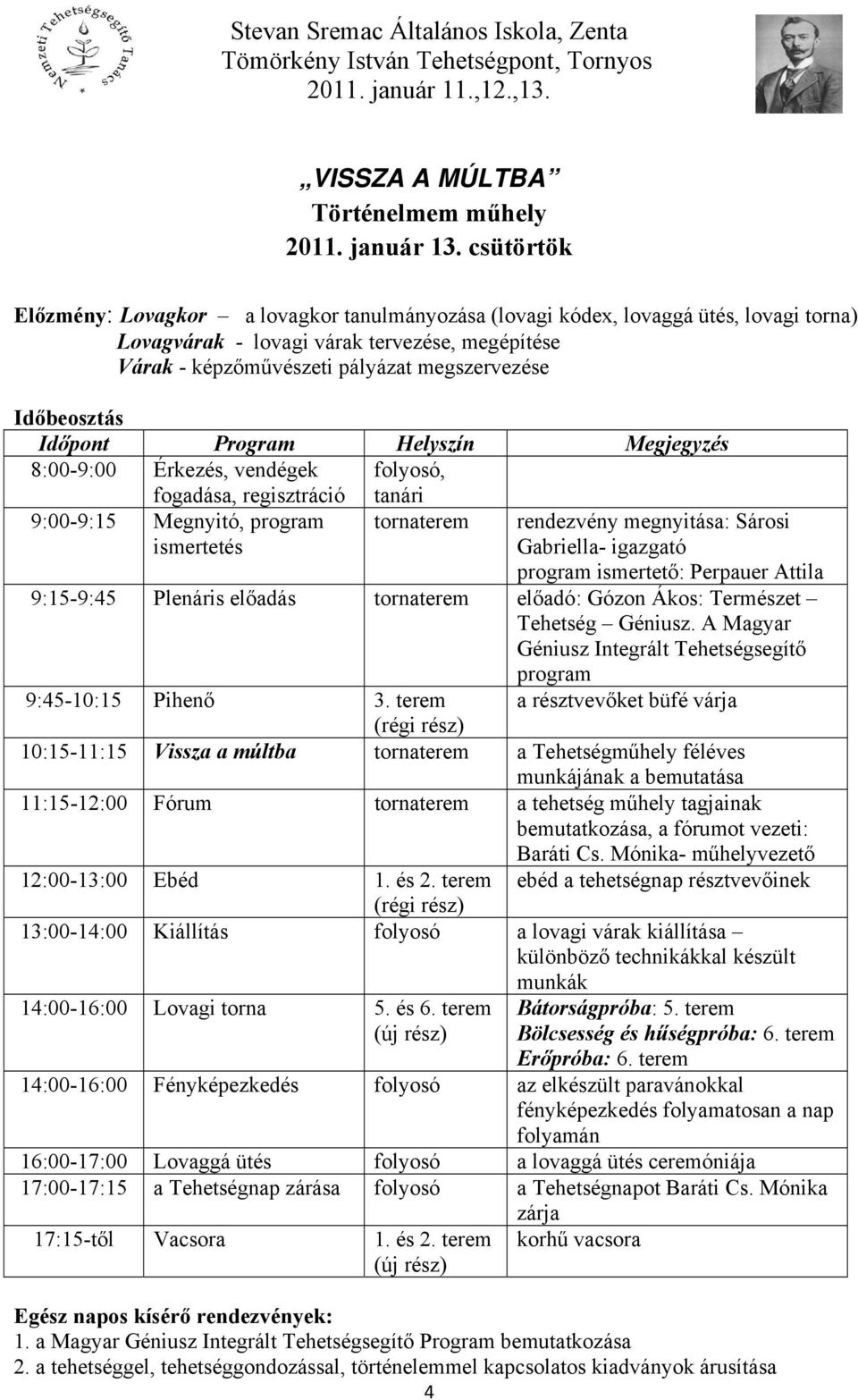 Időbeosztás Időpont Program Helyszín Megjegyzés 8:00-9:00 Érkezés, vendégek fogadása, regisztráció folyosó, tanári 9:00-9:15 Megnyitó, program ismertetés rendezvény megnyitása: Sárosi Gabriella-