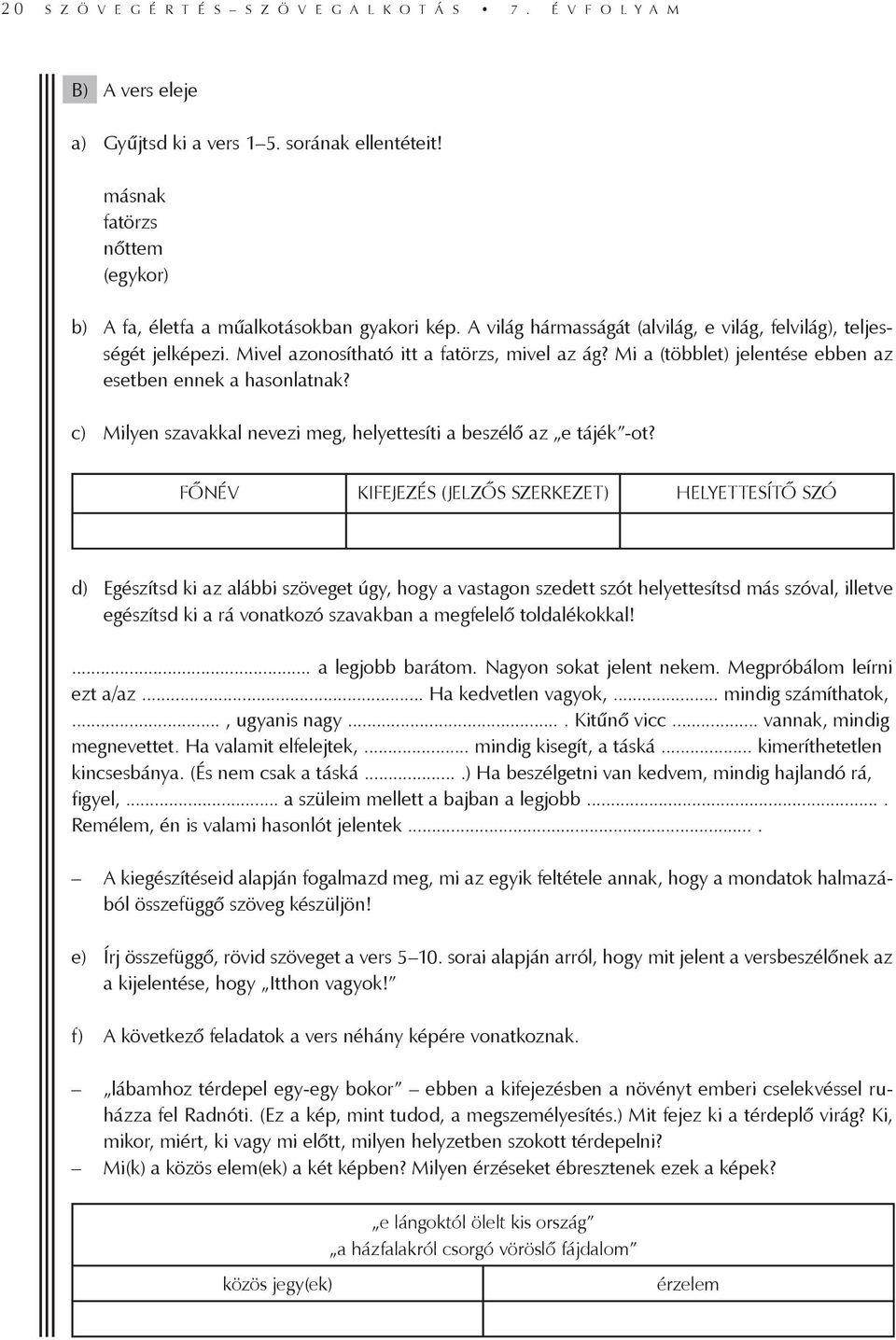 Mi a (többlet) jelentése ebben az esetben ennek a hasonlatnak? c) Milyen szavakkal nevezi meg, helyettesíti a beszélő az e tájék -ot?