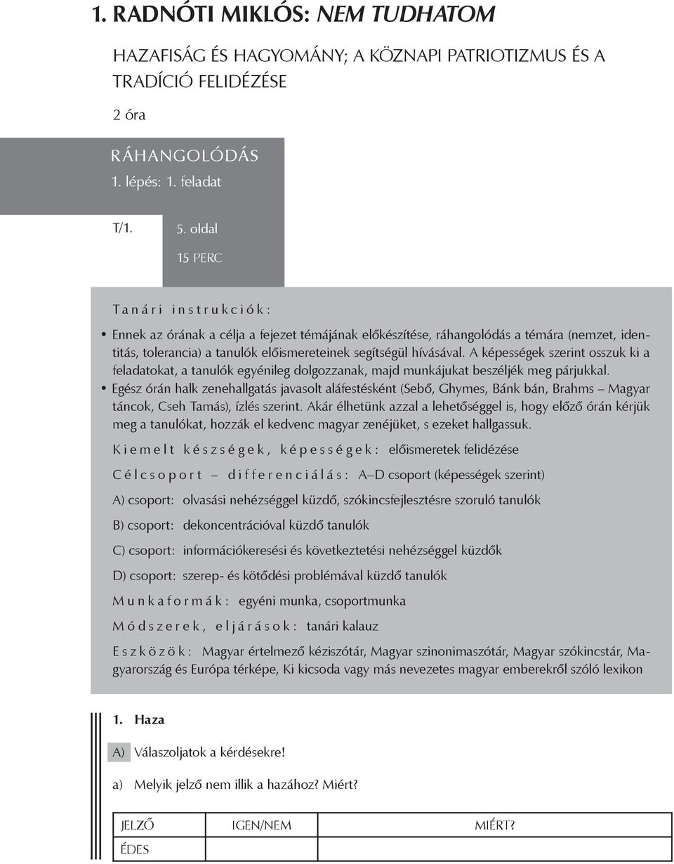 A képességek szerint osszuk ki a feladatokat, a tanulók egyénileg dolgozzanak, majd munkájukat beszéljék meg párjukkal.