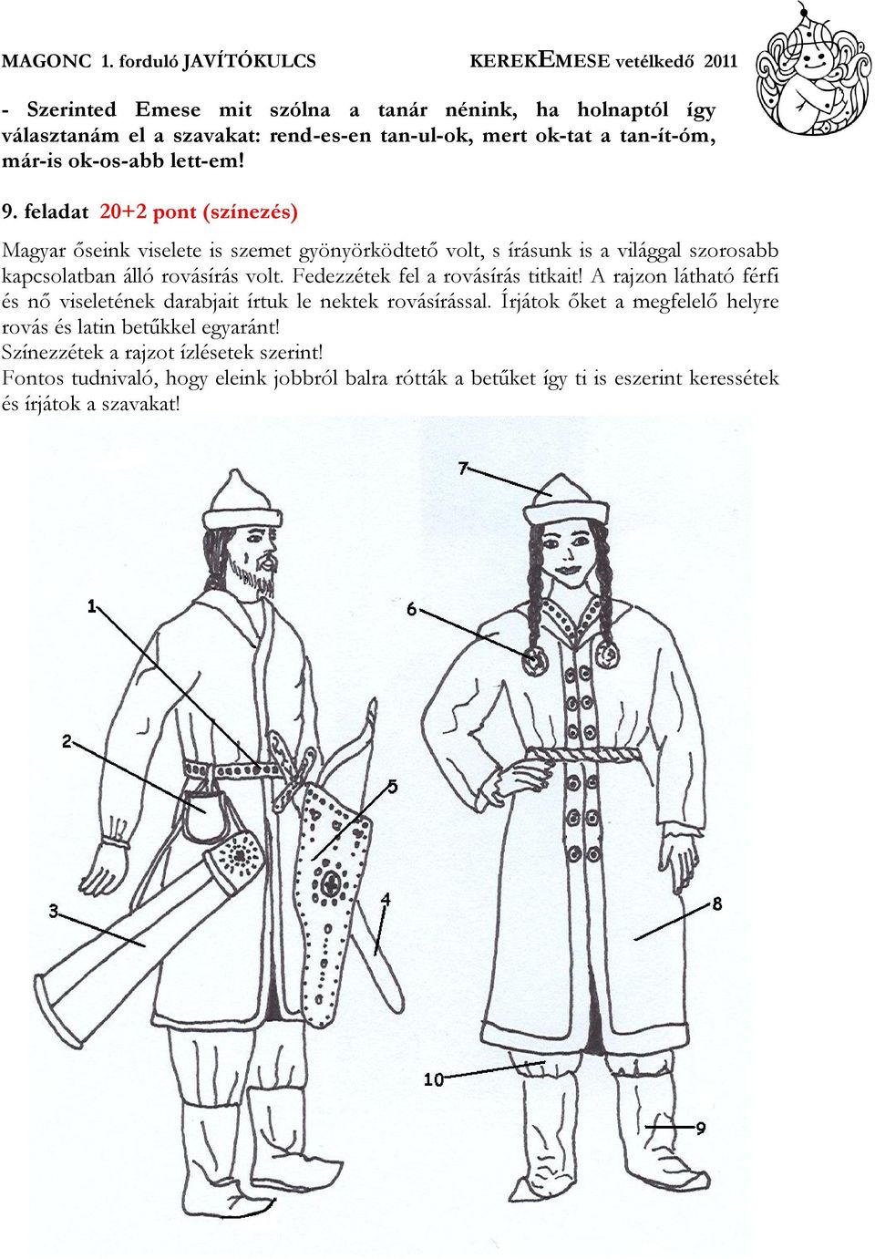 Fedezzétek fel a rovásírás titkait! A rajzon látható férfi és nő viseletének darabjait írtuk le nektek rovásírással.