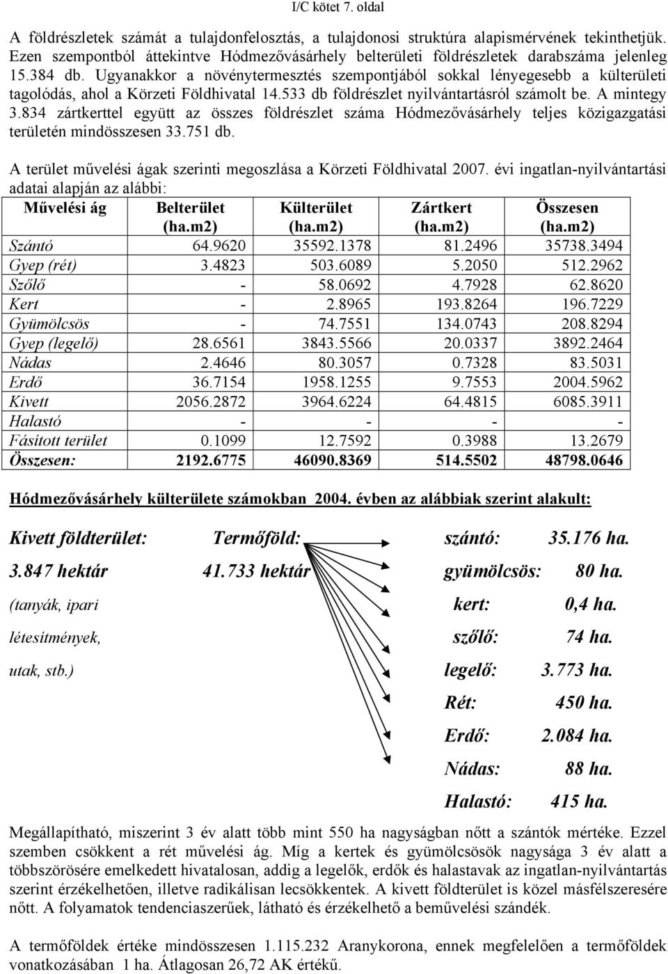 Ugyanakkor a növénytermesztés szempontjából sokkal lényegesebb a külterületi tagolódás, ahol a Körzeti Földhivatal 14.533 db földrészlet nyilvántartásról számolt be. A mintegy 3.
