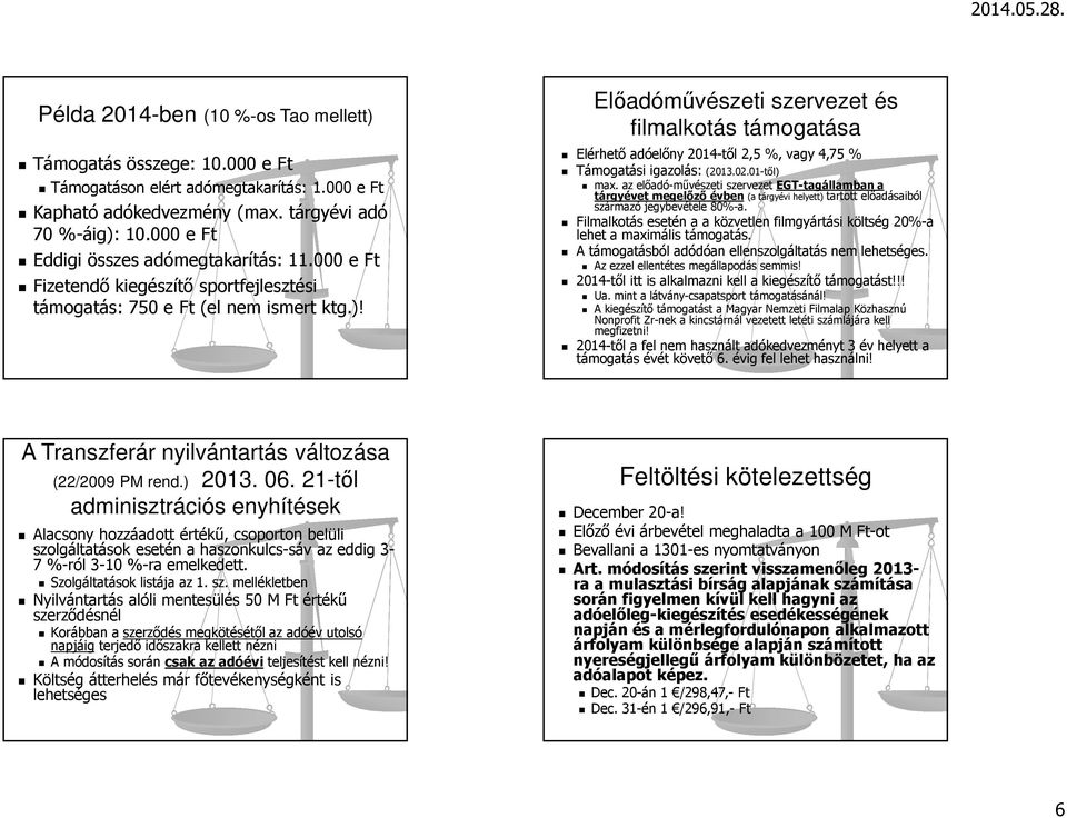 Előadóművészeti szervezet és filmalkotás támogatása Elérhető adóelőny 2014-től 2,5 %, vagy 4,75 % Támogatási igazolás: (2013.02.01-től) max.