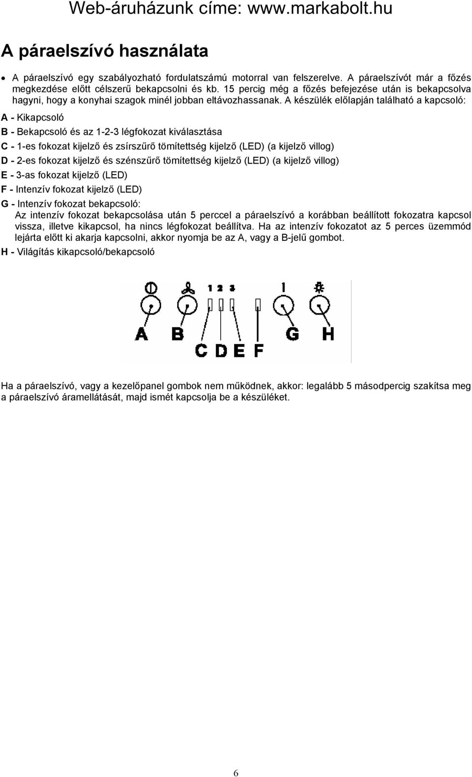 A készülék előlapján található a kapcsoló: A - Kikapcsoló B - Bekapcsoló és az 1-2-3 légfokozat kiválasztása C - 1-es fokozat kijelző és zsírszűrő tömítettség kijelző (LED) (a kijelző villog) D -