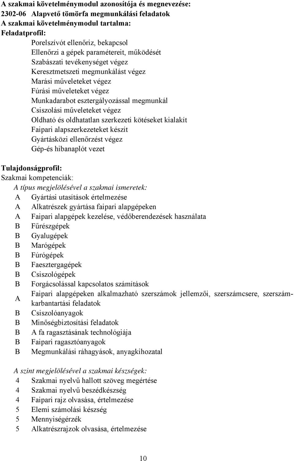 műveleteket végez Oldható és oldhatatlan szerkezeti kötéseket kialakít Faipari alapszerkezeteket készít Gyártásközi ellenőrzést végez Gép-és hibanaplót vezet Tulajdonságprofil: Szakmai kompetenciák: