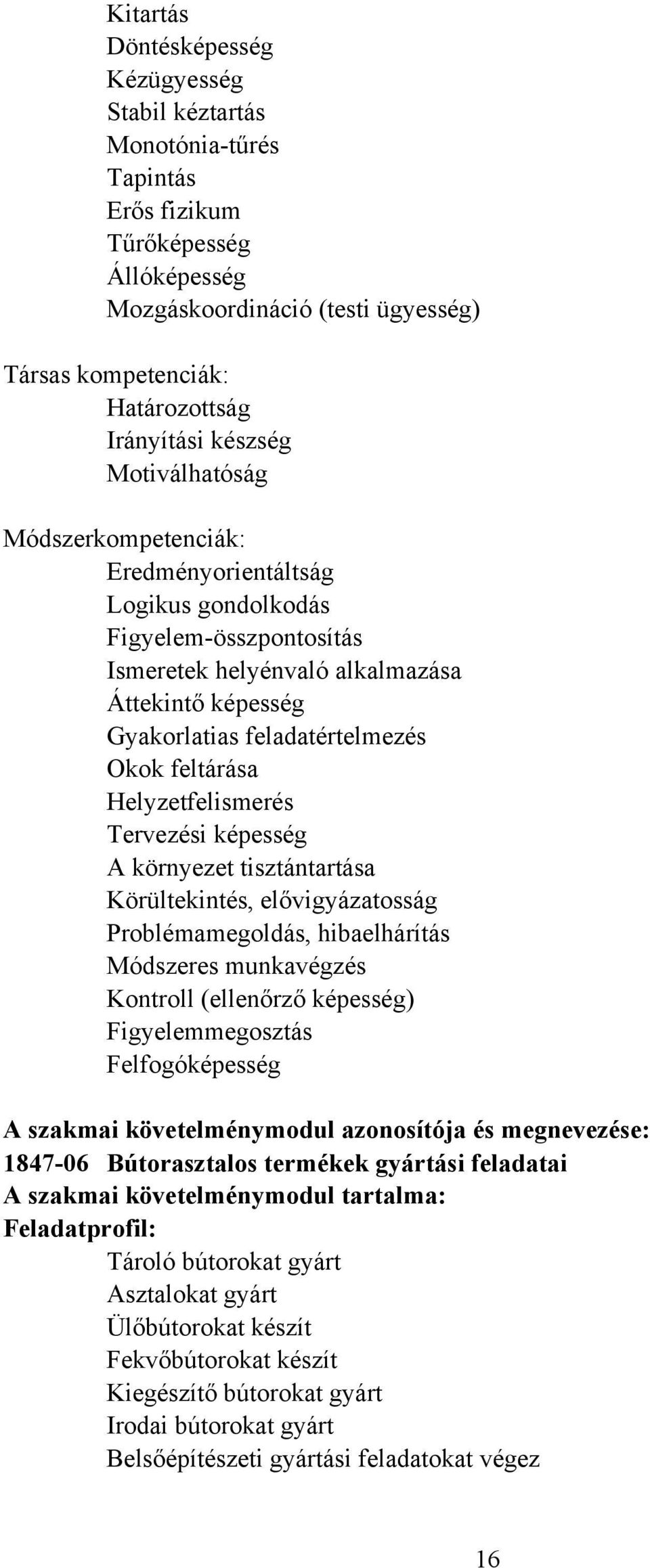 feltárása Helyzetfelismerés Tervezési képesség A környezet tisztántartása Körültekintés, elővigyázatosság Problémamegoldás, hibaelhárítás Módszeres munkavégzés Kontroll (ellenőrző képesség)