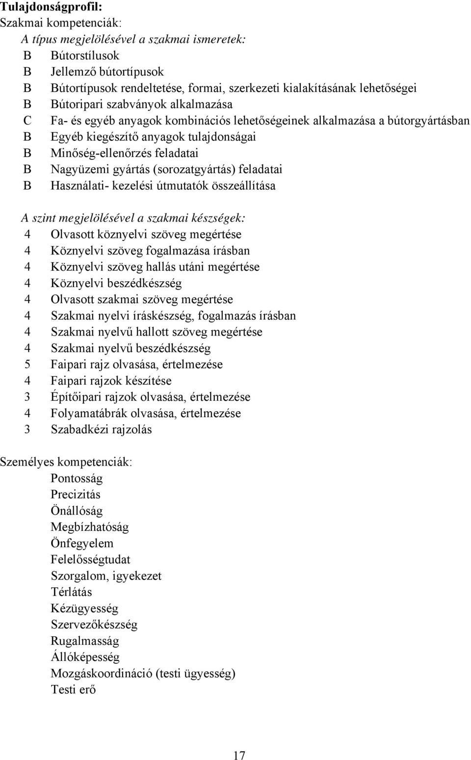 (sorozatgyártás) feladatai Használati- kezelési útmutatók összeállítása A szint megjelölésével a szakmai készségek: 4 Olvasott köznyelvi szöveg megértése 4 Köznyelvi szöveg fogalmazása írásban 4