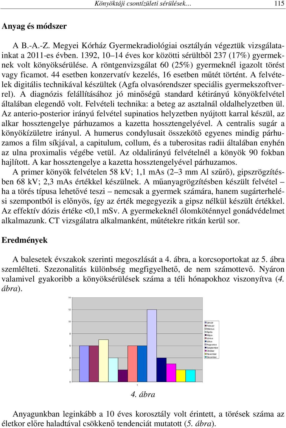 44 esetben konzervatív kezelés, 16 esetben műtét történt. A felvételek digitális technikával készültek (Agfa olvasórendszer speciális gyermekszoftverrel).