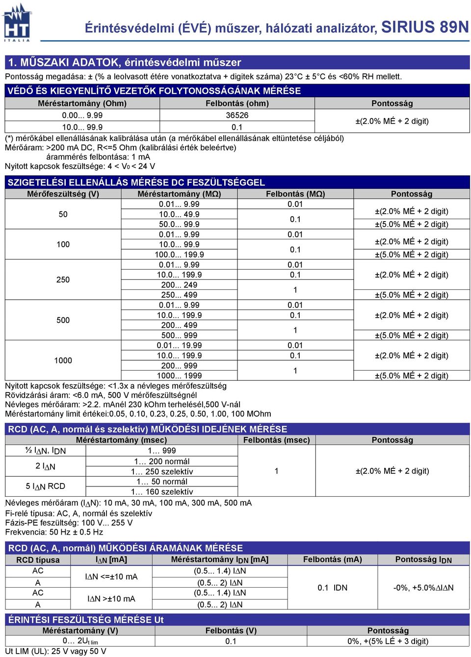 Érintésvédelmi (ÉVÉ) mûszer, hálózati analizátor, SIRIUS 89N - PDF Free  Download