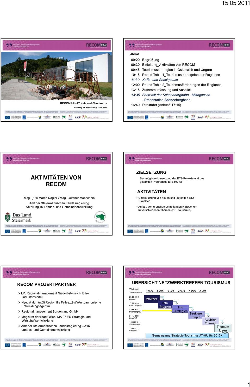 12:00 Round Table 2_Tourismusförderungen der Regionen 13:15 Zusammenfassung und Ausblick 13:35 Fahrt mit der Schneebergbahn - Mittagessen - Präsentation Schneebergbahn 16:40 Rückfahrt (Ankunft 17:15)