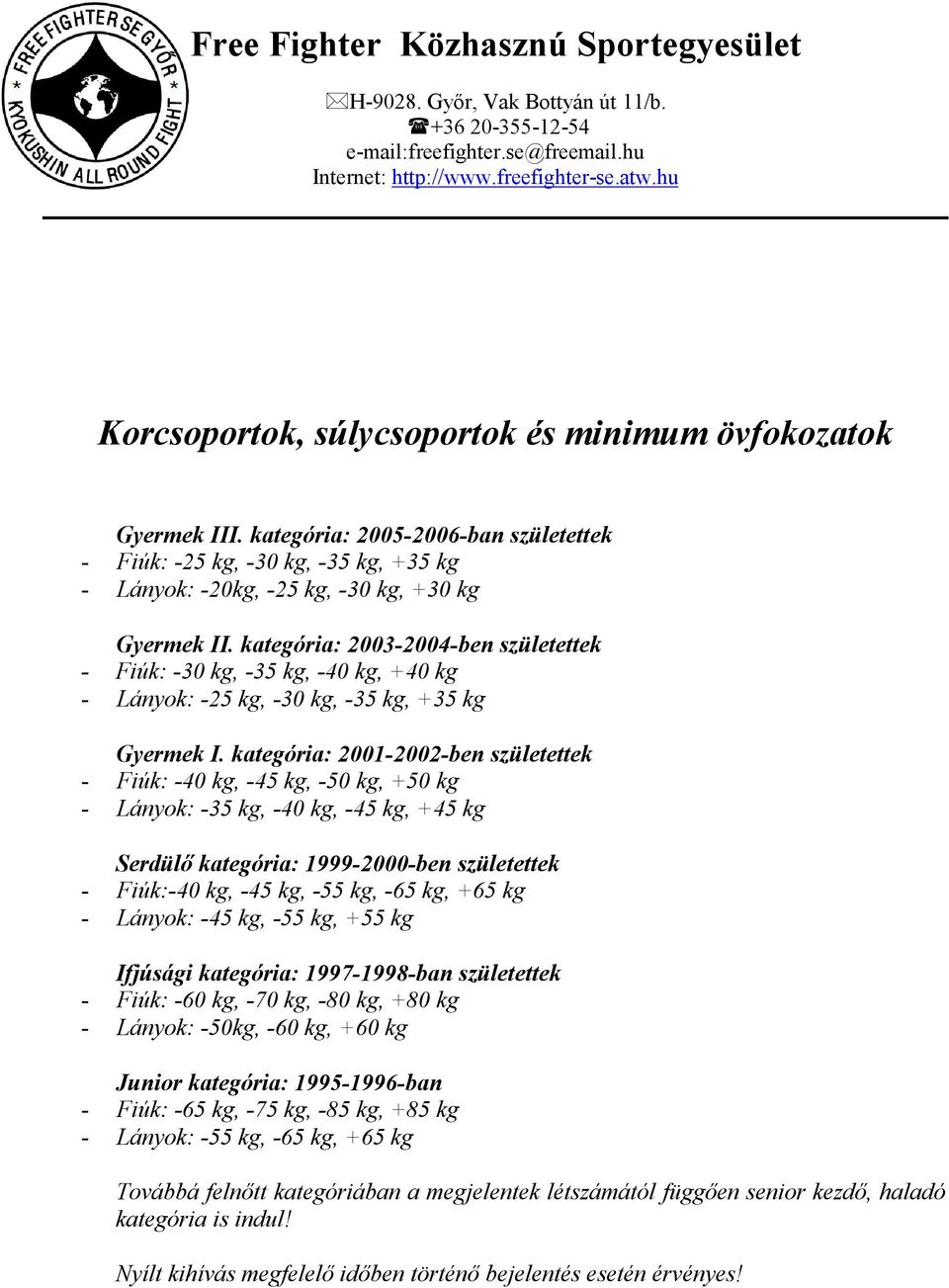 kategória: 2001-2002-ben születettek - Fiúk: -40 kg, -45 kg, -50 kg, +50 kg - Lányok: -35 kg, -40 kg, -45 kg, +45 kg Serdülő kategória: 1999-2000-ben születettek - Fiúk:-40 kg, -45 kg, -55 kg, -65