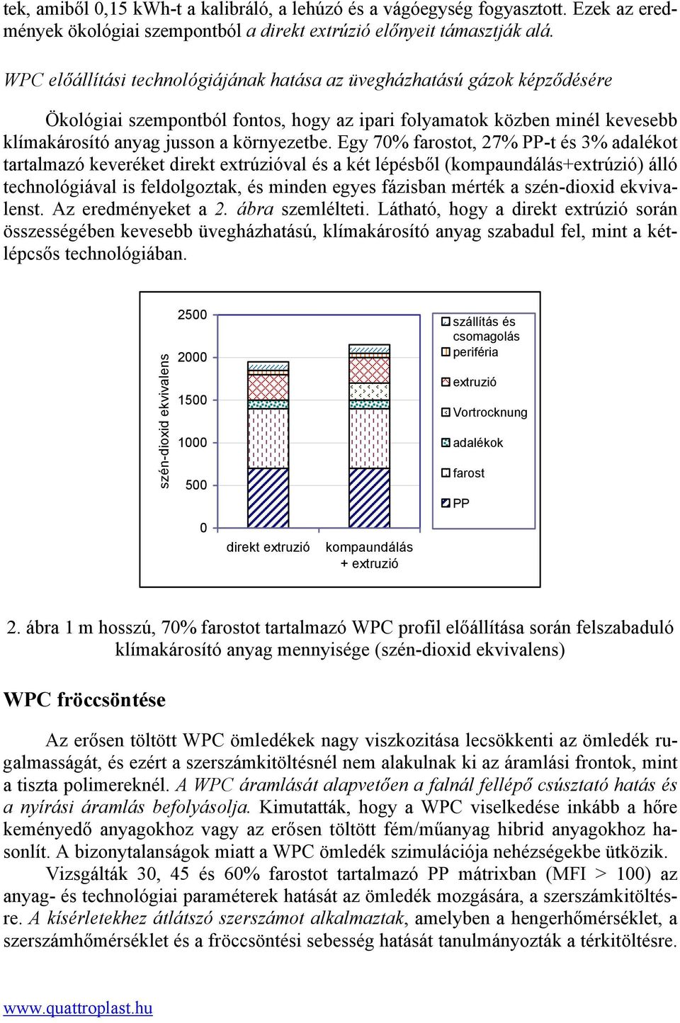 Egy 70% farostot, 27% PP-t és 3% adalékot tartalmazó keveréket direkt extrúzióval és a két lépésből (kompaundálás+extrúzió) álló technológiával is feldolgoztak, és minden egyes fázisban mérték a