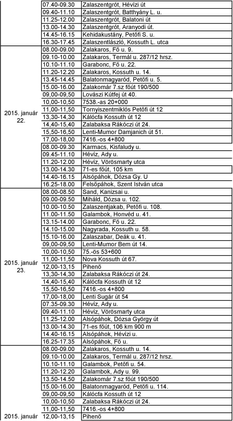 20 Zalakaros, Kossuth u. 14. 13.45-14.45 Balatonmagyaród, Petőfi u. 5. 15.00-16.00 Zalakomár 7.sz főút 190/500 09,00-09,50 Lovászi Kútfej út 40. 10,00-10,50 7538.