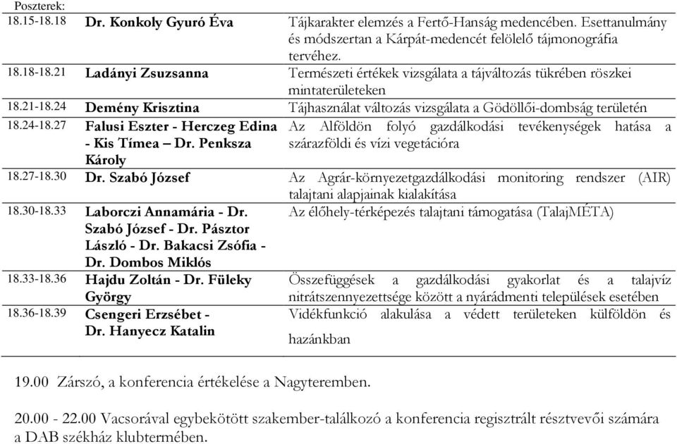 27 Falusi Eszter - Herczeg Edina - Kis Tímea Dr. Penksza Károly Az Alföldön folyó gazdálkodási tevékenységek hatása a szárazföldi és vízi vegetációra 18.27-18.30 Dr.