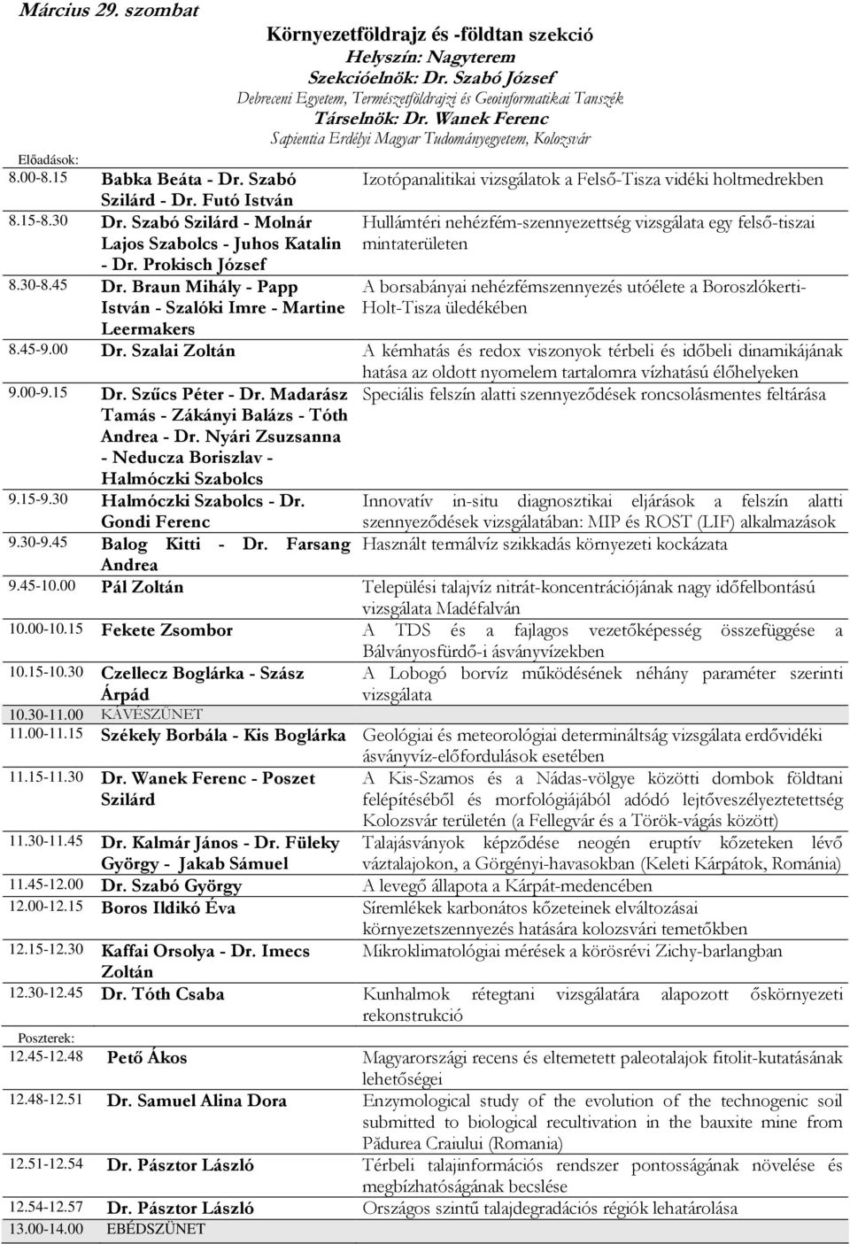 Futó István 8.15-8.30 Dr. Szabó Szilárd - Molnár Lajos Szabolcs - Juhos Katalin - Dr. Prokisch József 8.30-8.45 Dr.