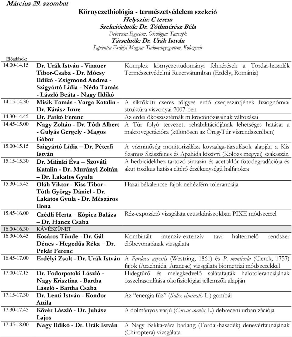 Mócsy Ildikó - Zsigmond Andrea - Szigyártó Lídia - Néda Tamás - László Beáta - Nagy Ildikó 14.15-14.30 Misik Tamás - Varga Katalin - Dr.