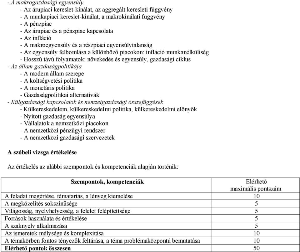 gazdasági ciklus - Az állam gazdaságpolitikája - A modern állam szerepe - A költségvetési politika - A monetáris politika - Gazdaságpolitikai alternatívák - Külgazdasági kapcsolatok és