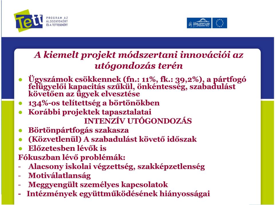 Korábbi projektek tapasztalatai INTENZÍV UTÓGONDOZÁS Börtönpártfogás szakasza (Közvetlenül) A szabadulást követő időszak Előzetesben