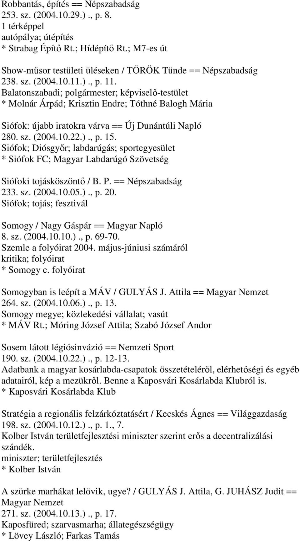Balatonszabadi; polgármester; képviselő-testület * Molnár Árpád; Krisztin Endre; Tóthné Balogh Mária Siófok: újabb iratokra várva == Új Dunántúli Napló 280. sz. (2004.10.22.)., p. 15.