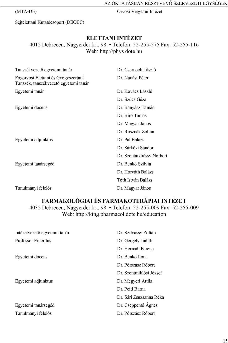 hu Tanszékvezető egyetemi tanár Fogorvosi Élettani és Gyógyszertani Tanszék, tanszékvezető egyetemi tanár Egyetemi tanár Egyetemi docens Egyetemi adjunktus Egyetemi tanársegéd Tanulmányi felelős Dr.