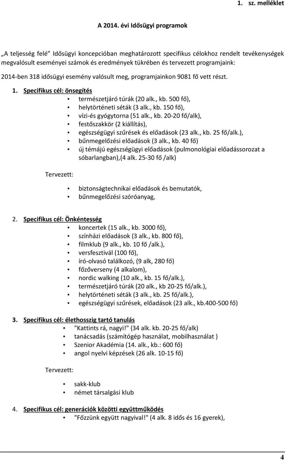 2014-ben 318 idősügyi esemény valósult meg, programjainkon 9081 fő vett részt. 1. Specifikus cél: önsegítés természetjáró túrák (20 alk., kb. 500 fő), helytörténeti séták (3 alk., kb. 150 fő), vízi-és gyógytorna (51 alk.