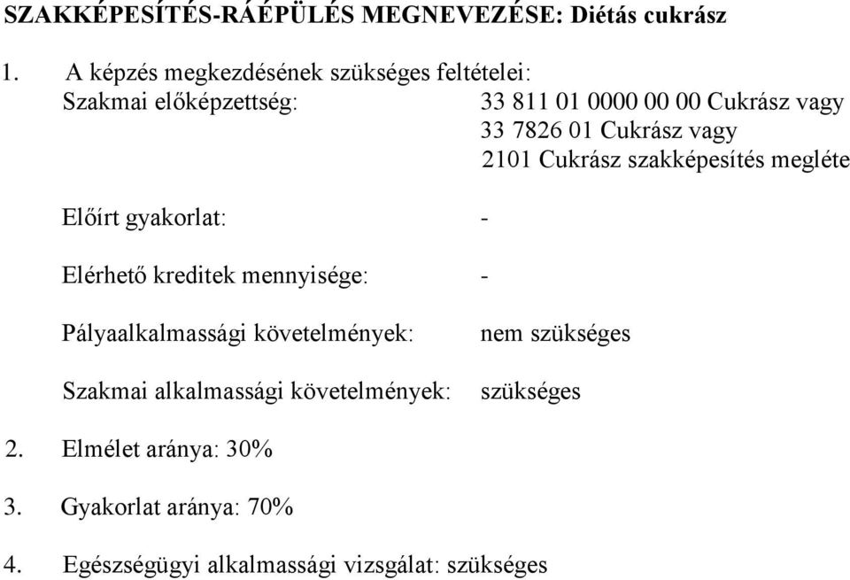 ukrász vagy 2101 ukrász szakképesítés megléte Előírt gyakorlat: - Elérhető kreditek mennyisége: -