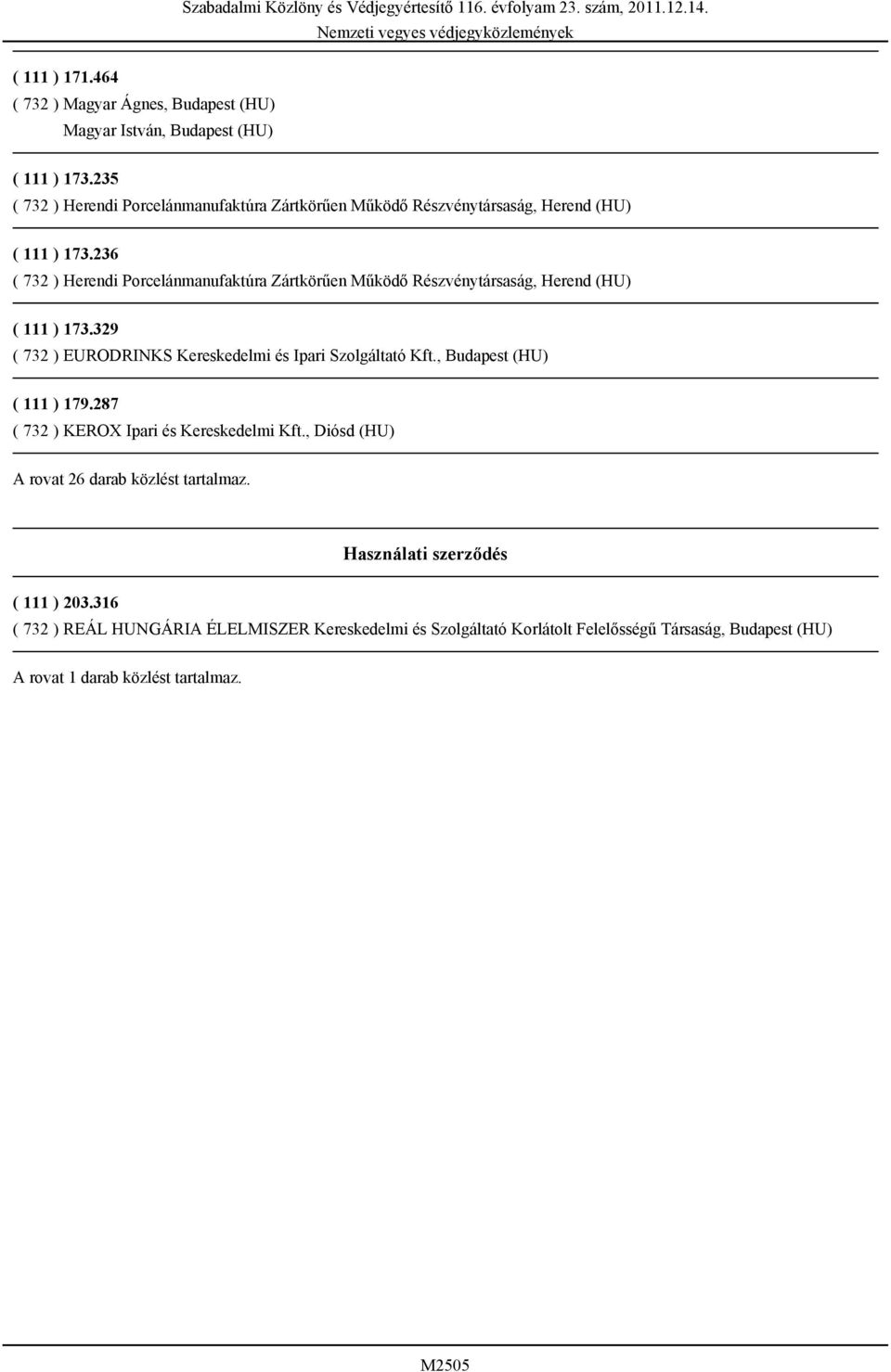 , Budapest (HU) ( 111 ) 179.287 ( 732 ) KEROX Ipari és Kereskedelmi Kft., Diósd (HU) A rovat 26 darab közlést tartalmaz.