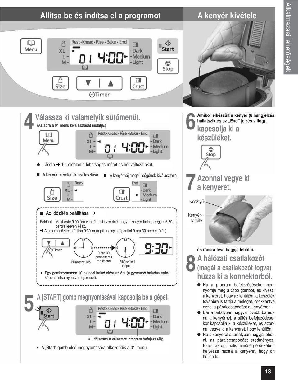 A kenyér méretének kiválasztása A kenyérhéj megsültségének kiválasztása Azonnal vegye ki a kenyeret, Kesztyû Az idôzítés beállítása Például Most este 9:00 óra van, és azt szeretné, hogy a kenyér