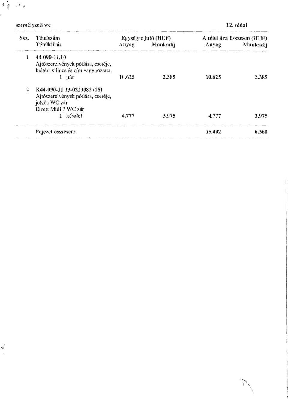 44-090-11.10 Aj tószeiel vények pótlása, cseréje, beltéri kilincs és cím vagy rozetla. 1 pár 10.625 2.