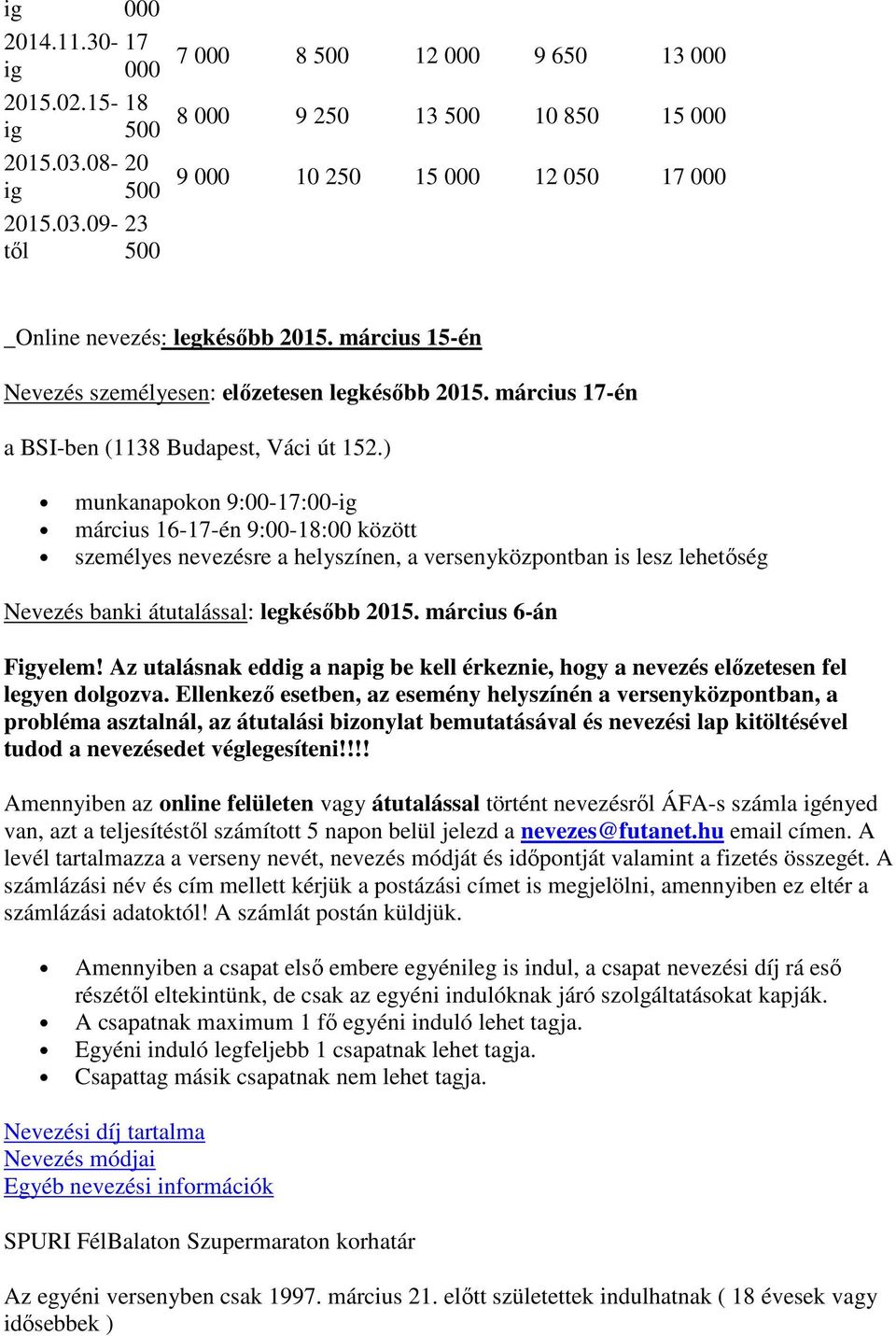 ) munkanapokon 9:00-17:00-ig március 16-17-én 9:00-18:00 között személyes nevezésre a helyszínen, a versenyközpontban is lesz lehetőség Nevezés banki átutalással: legkésőbb 2015.