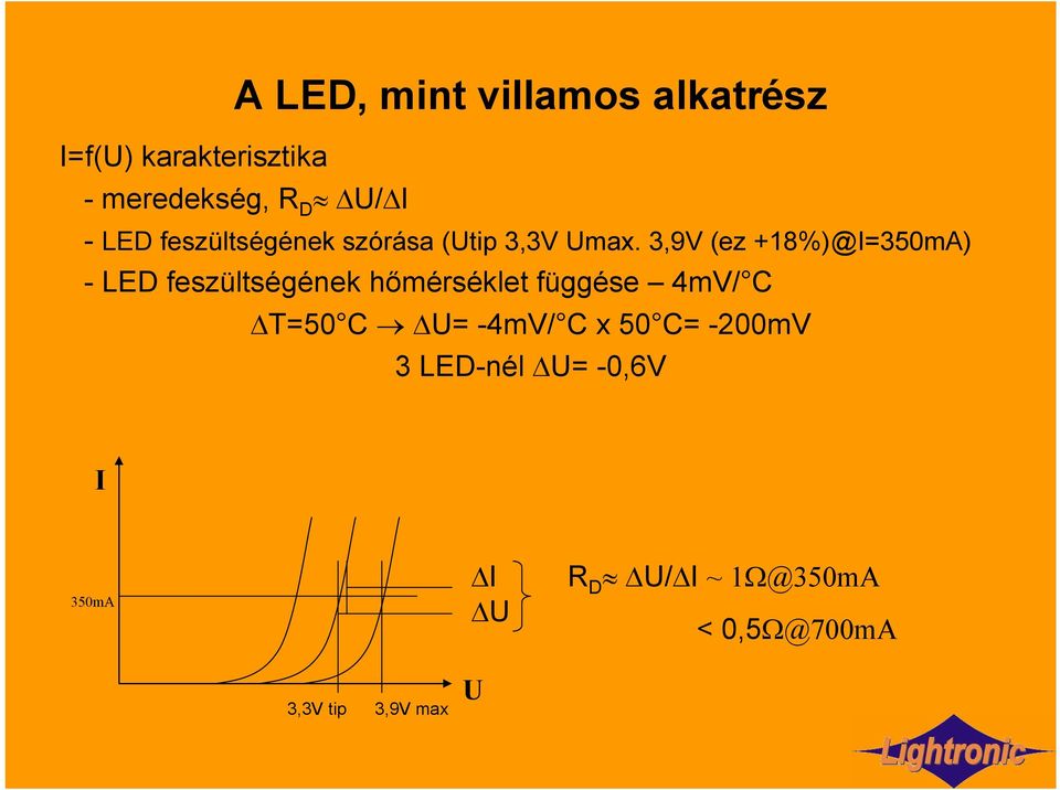 3,9V (ez +18%)@I=350mA) - LED feszültségének hőmérséklet függése 4mV/ C T=50
