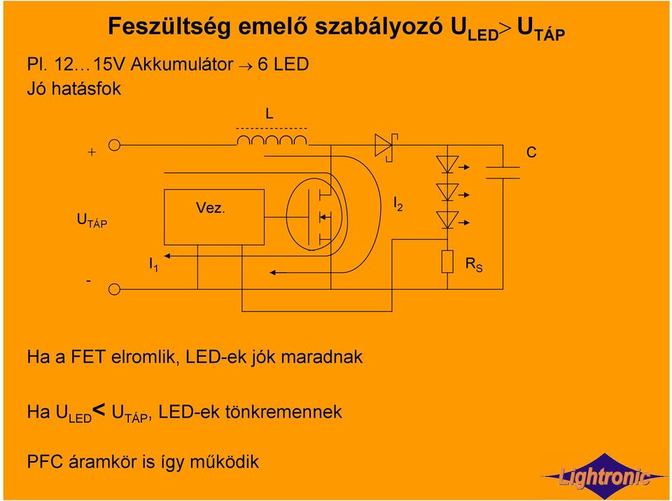 I 2 - I 1 R S Ha a FET elromlik, LED-ek jók maradnak