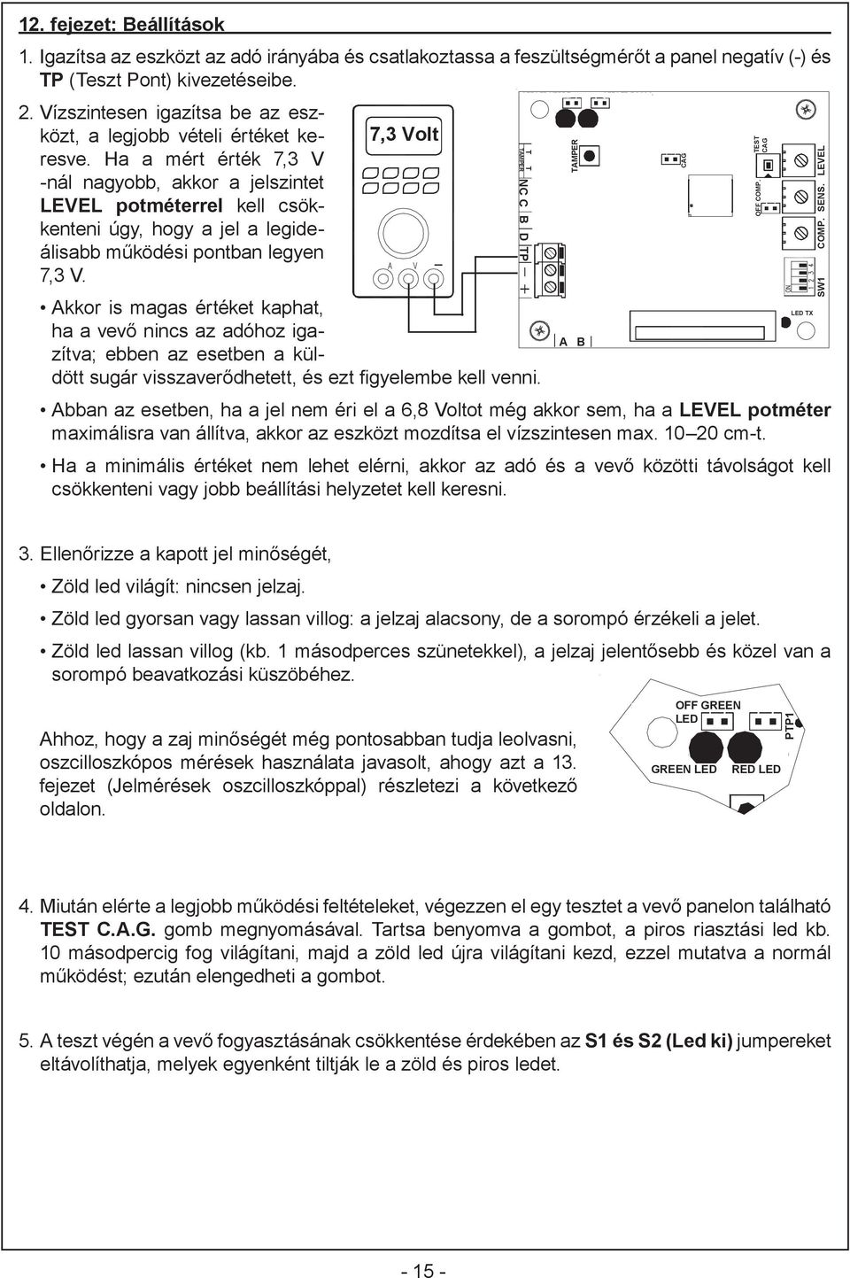 Ha a mért érték 7,3 V -nál nagyobb, akkor a jelszintet LEVEL potméterrel kell csökkenteni úgy, hogy a jel a legideálisabb működési pontban legyen 7,3 V.