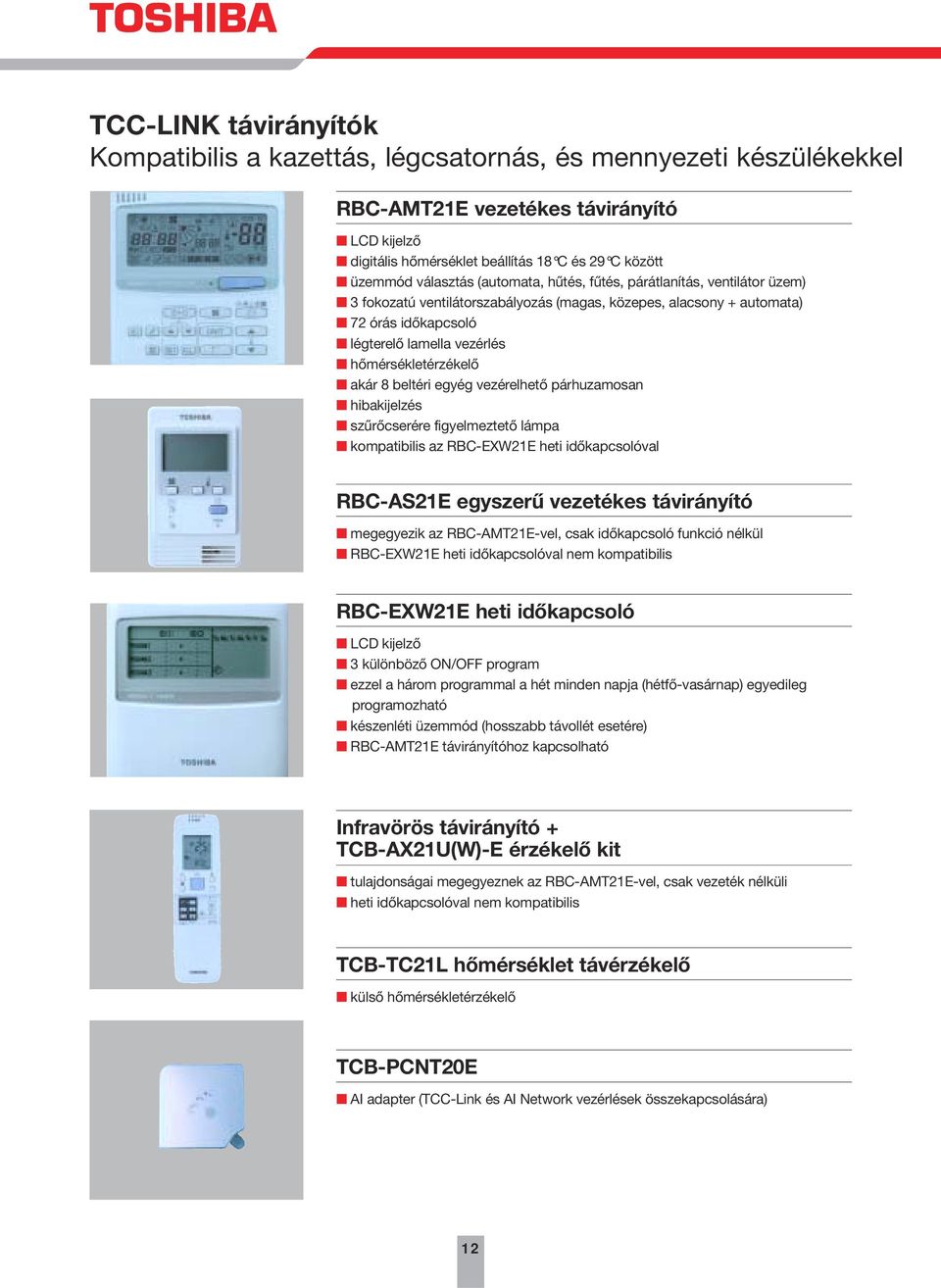 hőmérsékletérzékelő akár 8 beltéri egyég vezérelhető párhuzamosan hibakijelzés szűrőcserére figyelmeztető lámpa kompatibilis az RBC-EXW21E heti időkapcsolóval RBC-AS21E egyszerű vezetékes távirányító